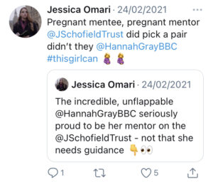 Tweet from Jessica Omari saying 'pregnant mentee, pregnant mentor, @JSchofieldTrust did pick a pair didn't they @HannahGrayBBC #thisgirlcan with two pregnant woman emojis