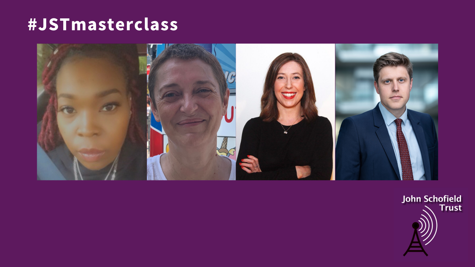 Purple graphic with photos of (L-R) Fransoy Hewitt, Sarah O'Connell, Imogen Barrer and Daniel Hewitt. In the top left is #JSTmasterclass and in the bottom right is the Trust logo.