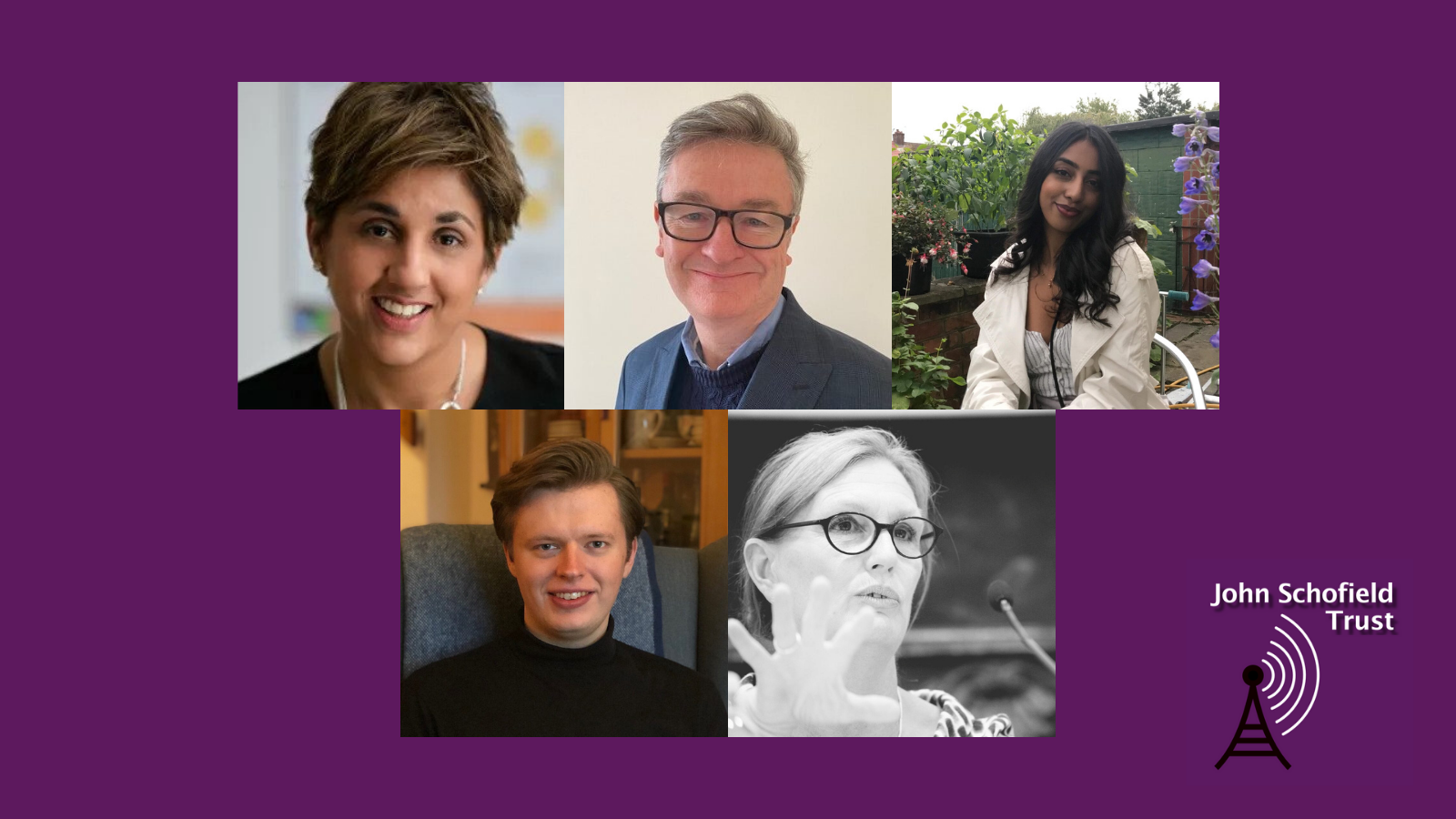 A purple graphic with photos of (clockwise from top left): Zaiba Malik, David Stenhouse, Shayma Bakht, Kate Riley and Tristan Marris. In the bottom right is the Trust logo.